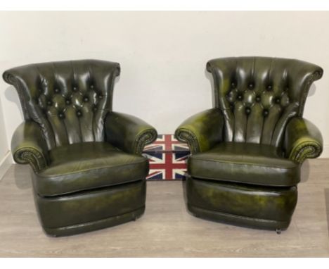 Pair of Green leather button back chesterfield armchairs in good clean condition