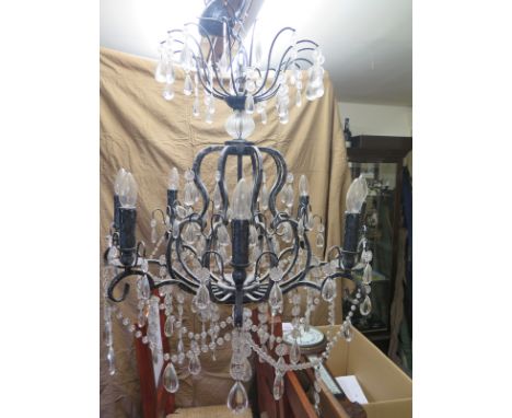 A drop glass eight branch chandelier ceiling light - Height 100cm x Diameter 75cm - no obvious damage, was taken out of clien
