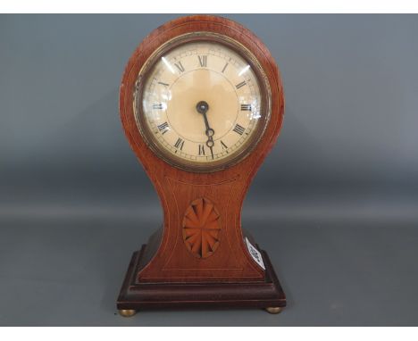 An Edwardian inlaid mahogany balloon mantle clock - Height 23cm x Width 14cm x Depth 9cm 
Condition report:  In working order