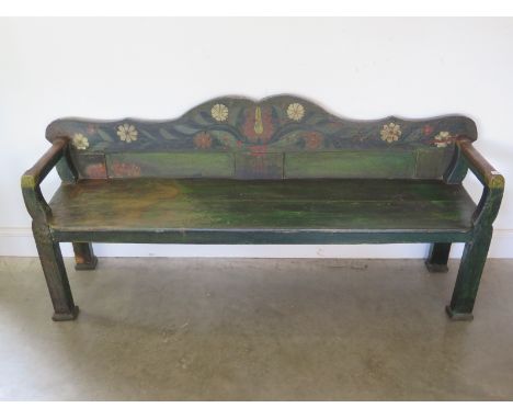 An early 19th century East European pine bench - hand painted flower decoration and original painted finish  - 78cm x 166cm x