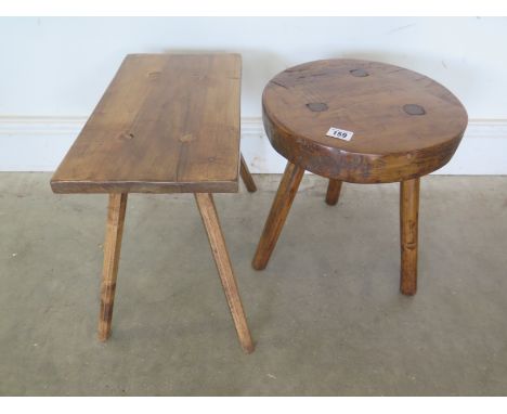 Two 19th century rustic Country stools, a three legged milking stool and a four legged rectangular example - 35cm x 39cm x22c