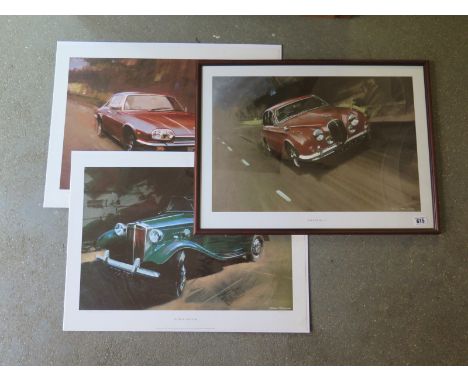 Lithograph prints - Jaguar MK. 2, Jaguar XJS, MGTD Roadster - Jaguar MK. 2 framed, Jaguar XJS & MGTD Roadster signed, but unf