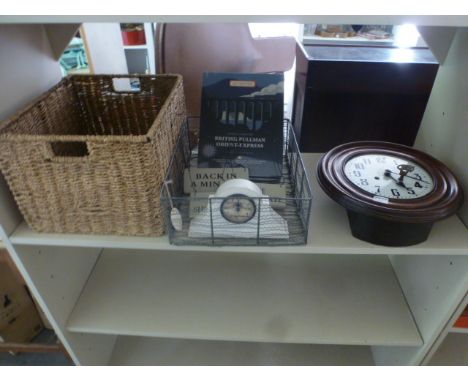 An assorted lot including a mahogany wall clock, shabby chic small mantel clock, dinner party game, two baskets and various s