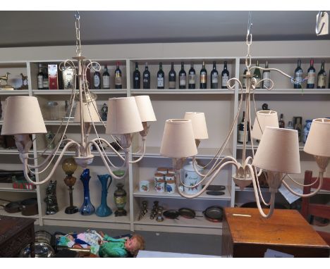 A pair of painted shabby chic five light ceiling chandeliers - Diameter 69cm
