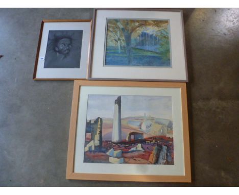 A Peter J Morrell watercolour - Lt Sampford Mill House - 34cm x 42cm and a watercolour - Levant - Elizabeth Rosemary 40cm x 5