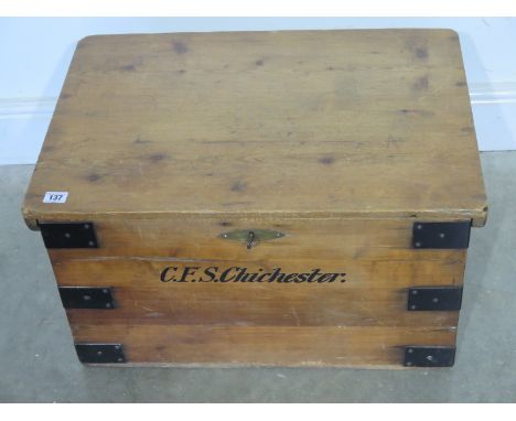 A Victorian pine school boys trunk with metal banding - Height 34cm x Width 63cm x Depth 44cm 