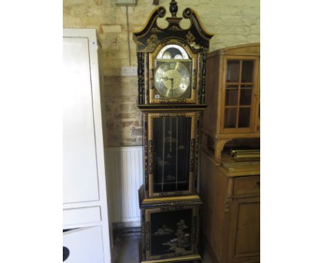 A modern longcase clock three train with a moonroller dial in a chinoiserie case - standing 215cm high to the finial