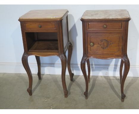 Two Antique French walnut bedside cabinets, both fitted with a drawer, one with a shelf below, one a cupboard - fitted with i