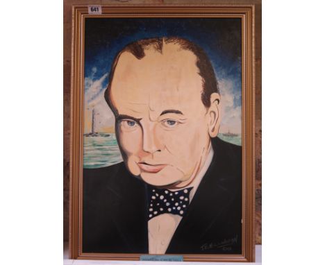 An acrylic on panel portrait of Winston Churchill, signed bottom right T.E. Millington - Height 73cm x Width 55cm 