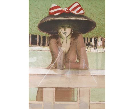 After Jean-Pierre Cassigneul (b.1935) FrenchElegant lady at the races Signed in pencil, lithograph, 68cm by 49cm