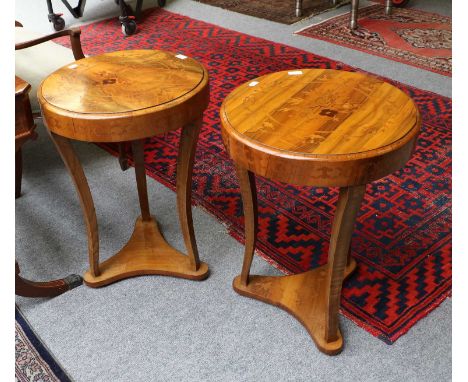 A Pair of Inlaid Walnut Lamp Tables, each 50cm by 70cm