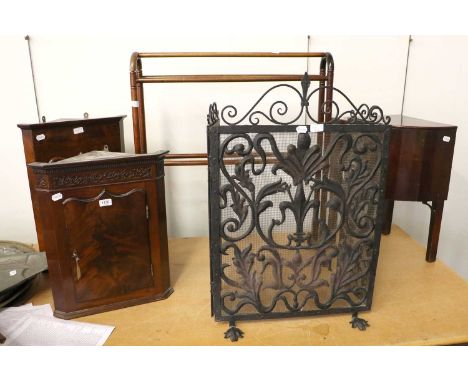 A Large Wrought Iron Fireguard, A Mahogany Clothes Rack, A Small Standing Corner Chest, A Small Corner Wall Cupboard and A Sm