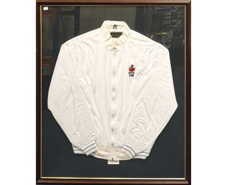 England Training Top Signed By Geoff Boycott (framed with label 'Geoff Boycott's England Training Top') together with a portr