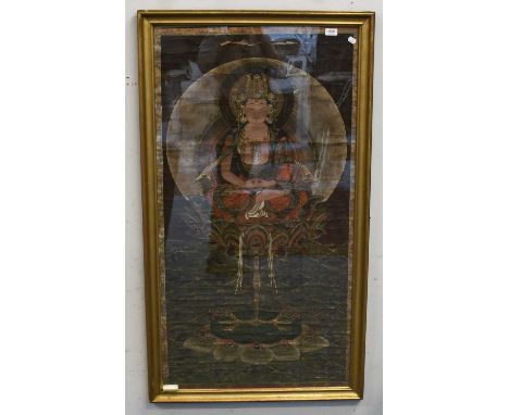 Tibetan Thangka, gouache on silk, portrait of a deity in meditation before a vajra, 121cm by 63.5cm Has been previously rolle