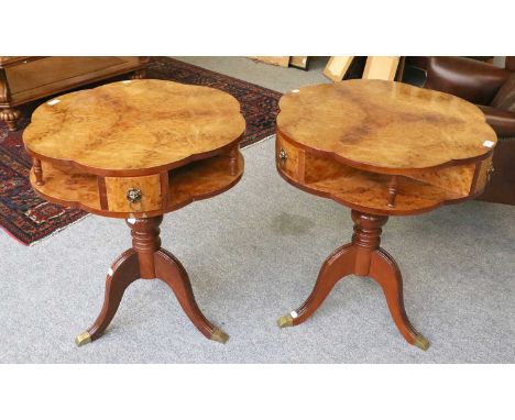 A Pair of Reproduction Burr Walnut Veneered Lamp/Side Tables, with three small oak-lined drawers between open niches, the bal