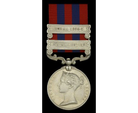 India General Service 1854-95, 2 clasps, Burma 1887-89, Burma 1885-7, clasps affixed in this order, with top lugs removed (18