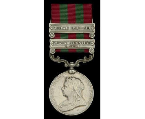 India General Service 1895-1902, 2 clasps, Punjab Frontier 1897-98, Tirah 1897-98 (4432 Pte. E. Hutton 2d. Bn. Oxf Lt. Infy.)