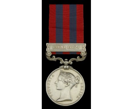 India General Service 1854-95, 1 clasp, Burma 1885-7 (1868 Pte. J. Westcott. 2d. Bn. Som. L.I.) edge bruises partially obscur