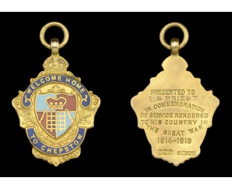 Chepstow Great War Tribute Medal, gold and enamels, 32mm x 26mm, gold and enamel (9ct., 8.98g), hallmarks for Birmingham 1919