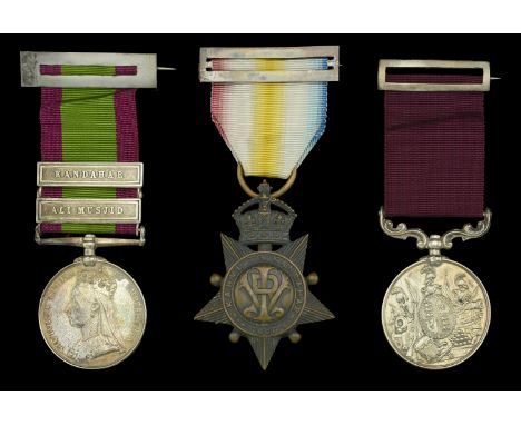Three: Gunner G. Barker, Royal Artillery  Afghanistan 1878-80, 2 clasps, Ali Musjid, Kandahar (1648 Gunr. G. Barker. 11/9th. 