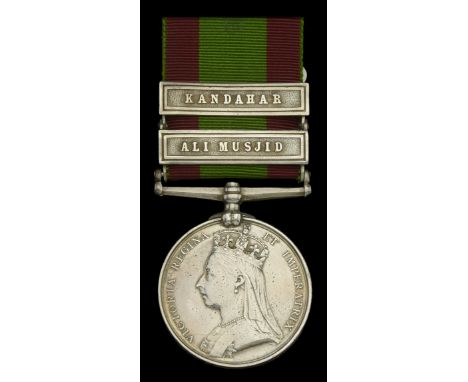 Afghanistan 1878-80, 2 clasps, Ali Musjid, Kandahar (2480, B. Qr. Mr. Sgt. John Moore, 11/9th. Bde. R.A.) light pitting from 