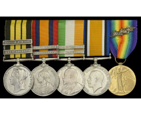 A rare ‘Benin operations’ group of five awarded to Major N. Burrows, South Wales Borderers, late Loyal North Lancashire Regim