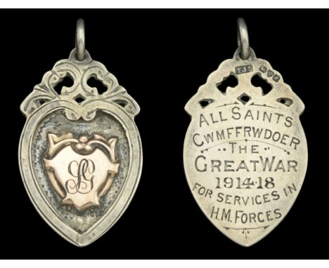 All Saints Church, Cwmffrwdoer, Pontnewynydd, Great War Tribute Medal, 31mm x 24mm, silver with applied gold centre, hallmark