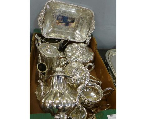 A silver plated melon shaped tea service, a bowl, salver, ladle, sugar bows, etc. 