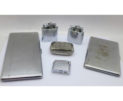 Three lighters, two cigarette cases and a snuff box 