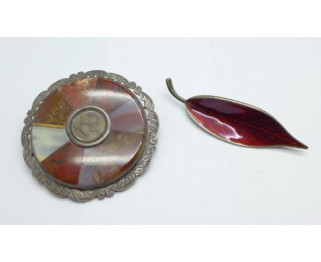 An agate set mourning brooch and a silver and enamel brooch marked Meka, Sterling, Denmark, leaf brooch 68mm 