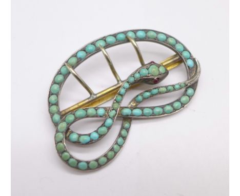 A Victorian turquoise set buckle in the form of a snake, with ruby eyes, 55mm 