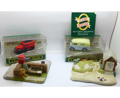 Two Corgi Classic model die-cast vehicles with two The Classic Heritage stands 