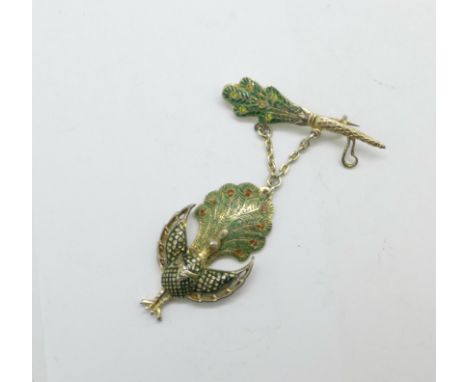 An Eastern silver and enamel drop peacock pendant brooch, marked Fine Silver 