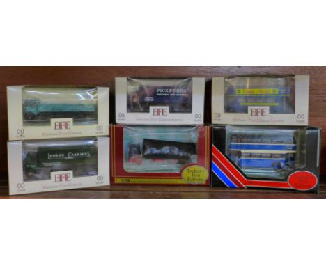 Six Exclusive First Editions model vehicles including four OO scale lorries and buses, boxed 