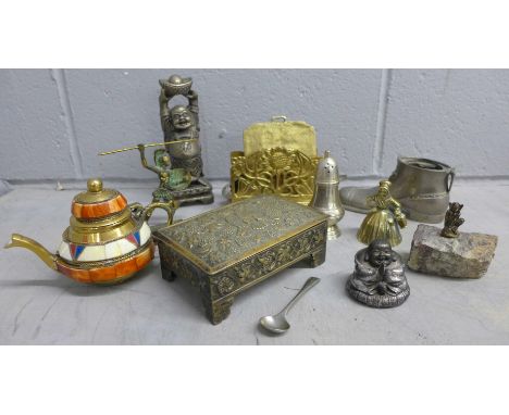 A box of assorted metalwares, trinket box, pewter shoe pin cushion, letter rack, etc. **PLEASE NOTE THIS LOT IS NOT ELIGIBLE 
