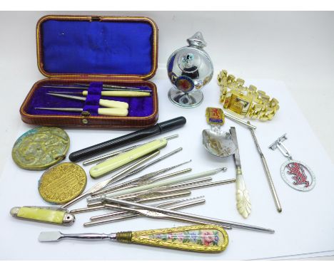 A novelty 1938 Empire Exhibition chrome salt and pepper pot, caddy spoon and brooch, pocket knives, sewing items, etc., (lady