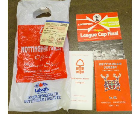 A 1978 Nottingham Forest League Cup Final replay programme and ticket stub and a Nottingham Forest Football Club handbook 196