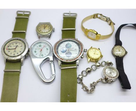 Wristwatches including a lady's Bulova Accutron and one lady's with silver case, and a novelty key ring clock 