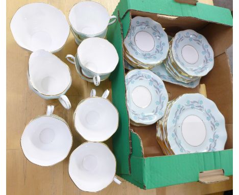 A Foley bone china ten setting tea set with two versions of saucers, plus cake plate, 'Prelude' design (in turquoise, grey an