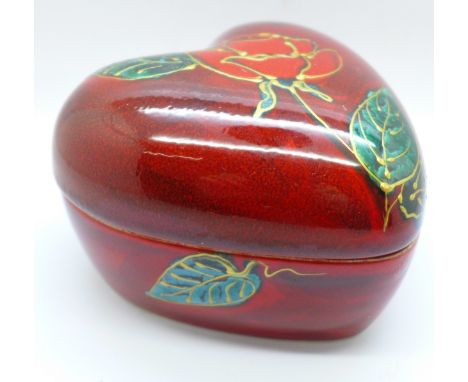 Anita Harris Art Pottery - Heart shaped trinket box in the Red Rose design, 8cm, signed in gold on the base 