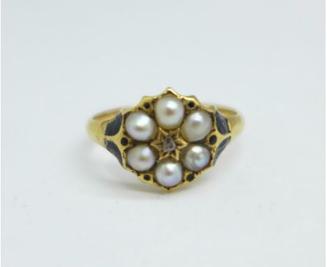 A Victorian yellow metal, diamond, pearl cluster and enamel ring, c1860, 2.9g, M, (tests as high carat gold) 