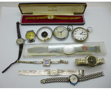 A silver cased pocket watch lacking glass, Swatch wristwatches, etc. 