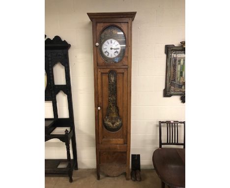 French Longcase clock European light oak case with enamelled dial roman numerals with ornate surround and matching oversized 