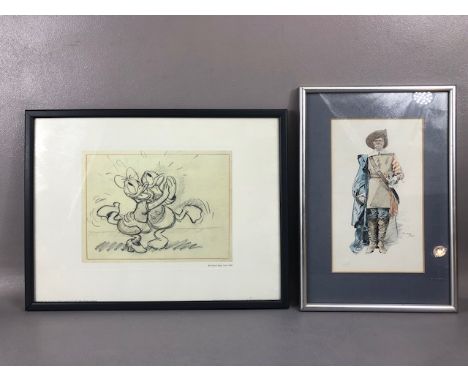 Pictures, a framed Disney print sketch of Donald and Daisy Duck intitled Mr Duck steps out 1940, and a printed sketch of a Fr