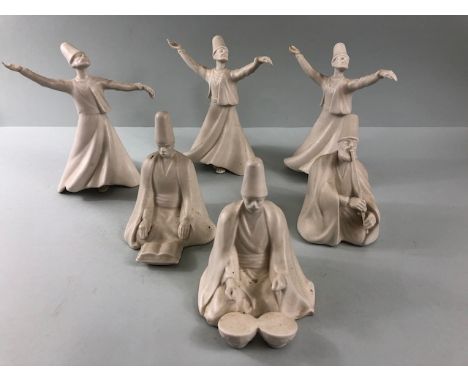 Turkish Art, a collection of pottery Sofi figures to include 3 dancers ,drummer, reader, pipe player 6 figures in all 