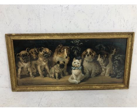 Antique prints, sentimental Victorian print by Louis Wain depicting several puppy's staring inquisitively at a pretty white k