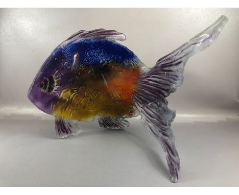 Studio Art Glass, a large studio made fantail glass Fish decorated in tones of purple, blue, orange and yellow approximately 