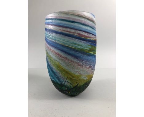 Studio art glass,  hand blown tall wide mouth vase of opaque finish with stylised design of swirling rainbow sky over a field