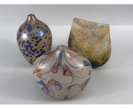 Studio art glass, three opaque glass vases, one with metallic slash cobalt blue design signed Siddy Langly 1987, the other 2 