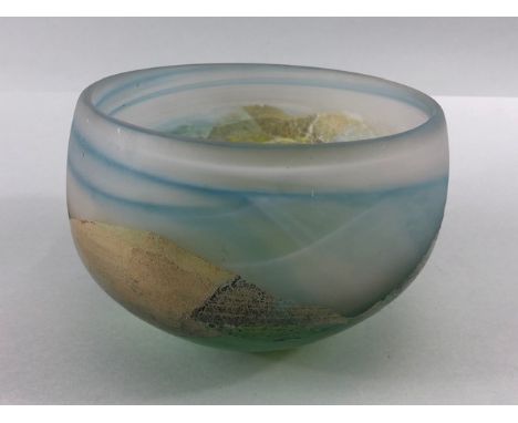 Studio art glass,  glass bowl decorated with a landscape design pontil bottom with a signature (illegible) and dated 92 appro